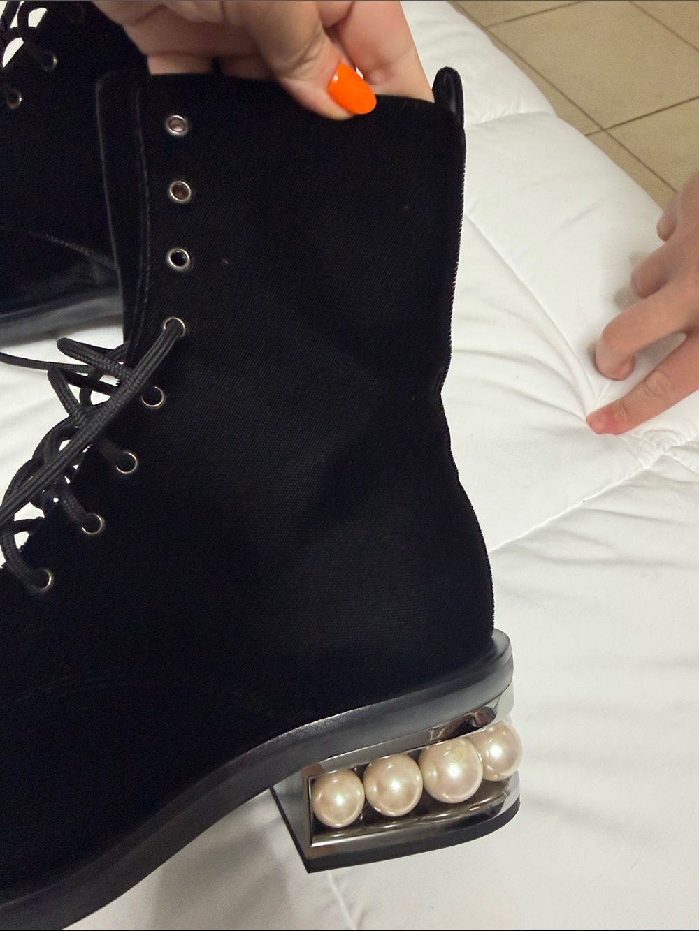 Nicholas Kirkwood Black Velvet Lace-Up Boots with Pearl-Trim Heel - Picture 3 of 7